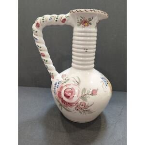 Vintage Ulmer Keramik Hand Painted Flower & Fruit Pitcher-Germany Jug 8.5" tall